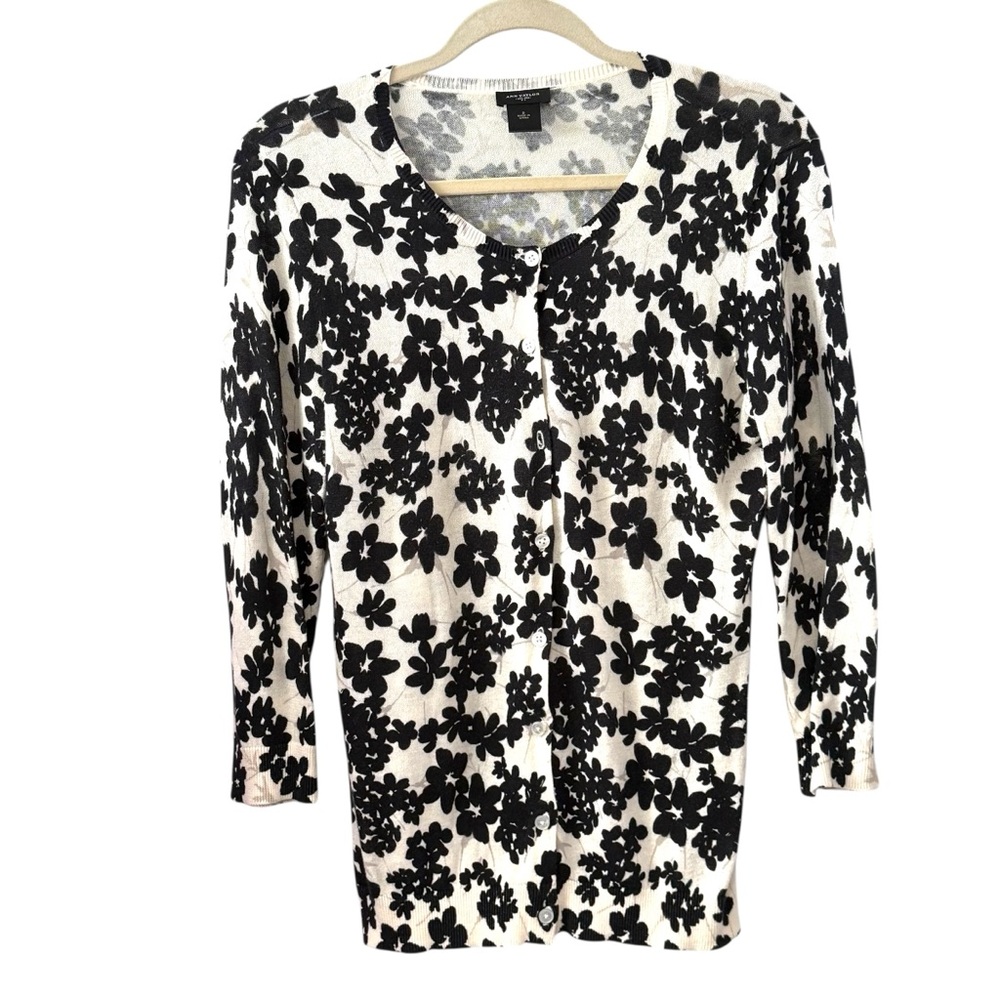 Ann Taylor Small Black Cream Floral Button Front Cotton Cardigan Sweater